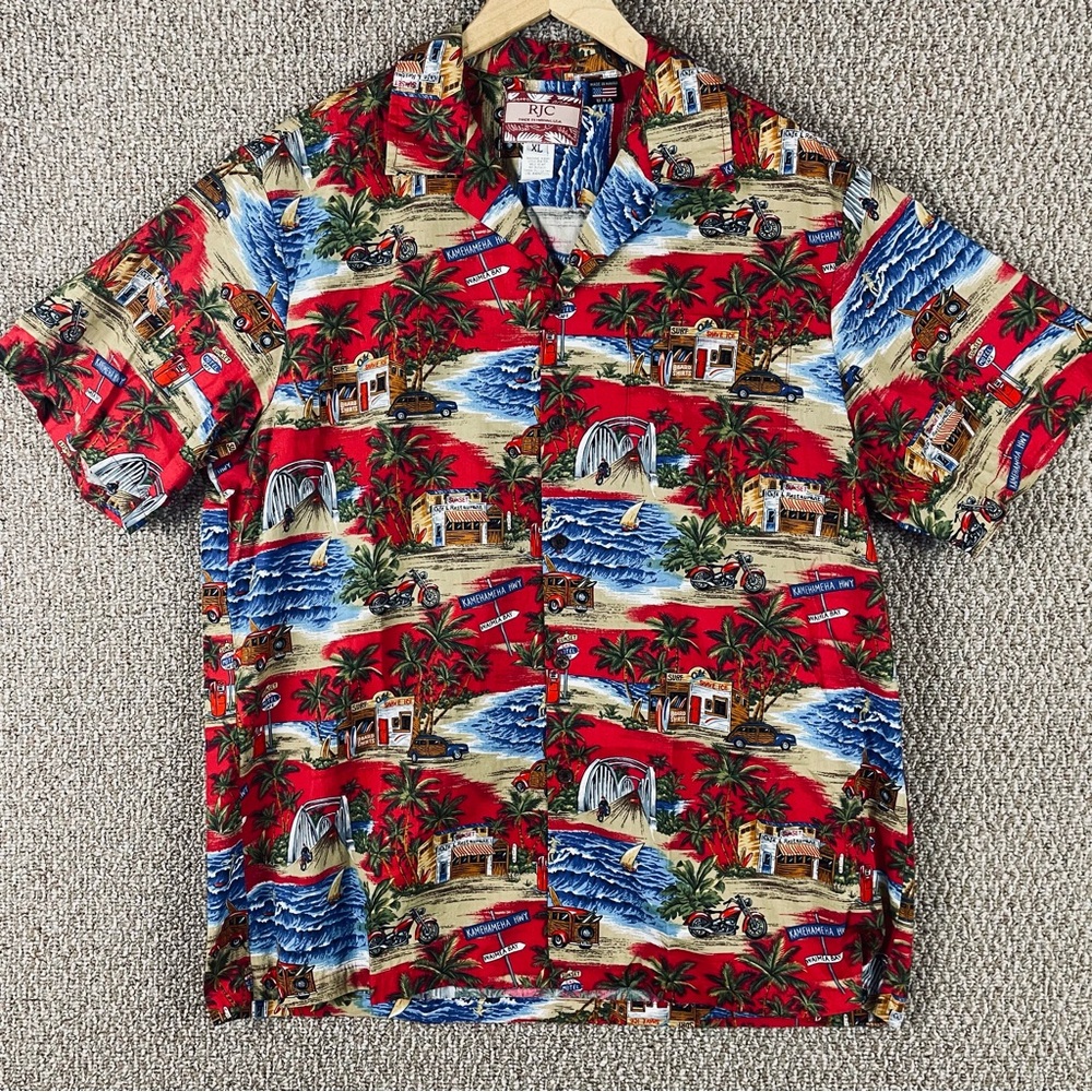 Vintage RJC Hawaiian Shirt Men’s XL Camp Motorcycle Palm Surf Resort USA F519
